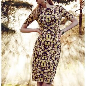 Anthropologie La Vi Dress Medium Yellow Floral Bodycon Trad Wife Spring Brunch